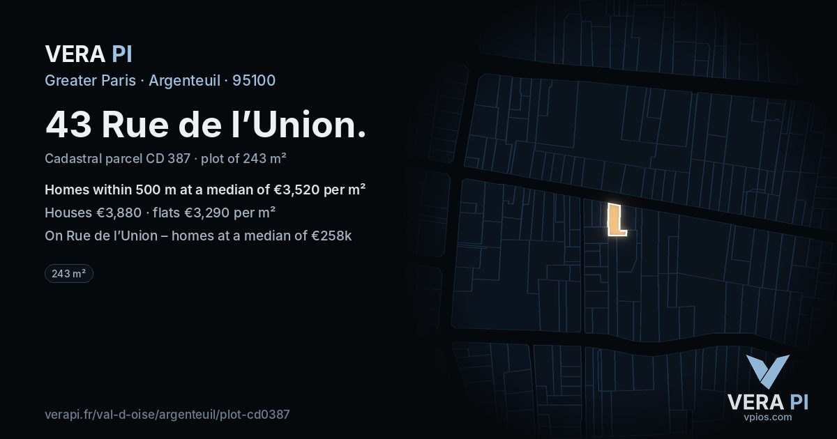 43 Rue de l’Union, Argenteuil at night – the plot lit, the parcels around coloured by the prices near them