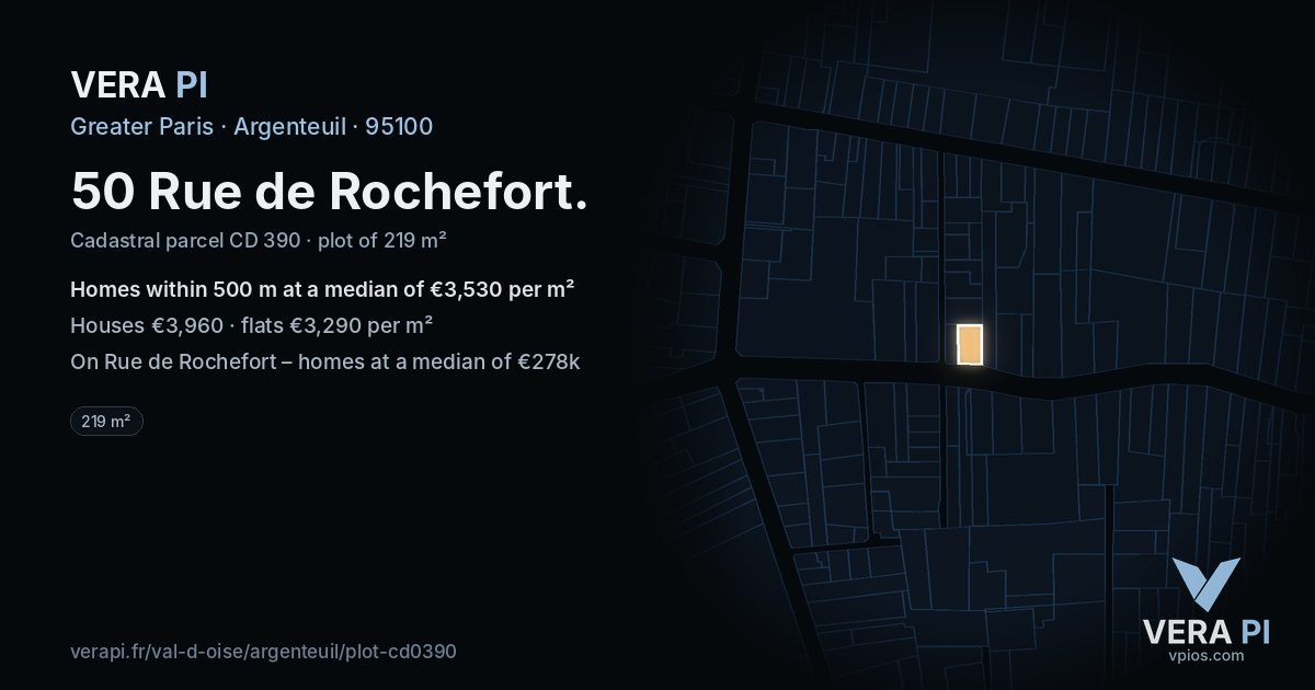 50 Rue de Rochefort, Argenteuil at night – the plot lit, the parcels around coloured by the prices near them