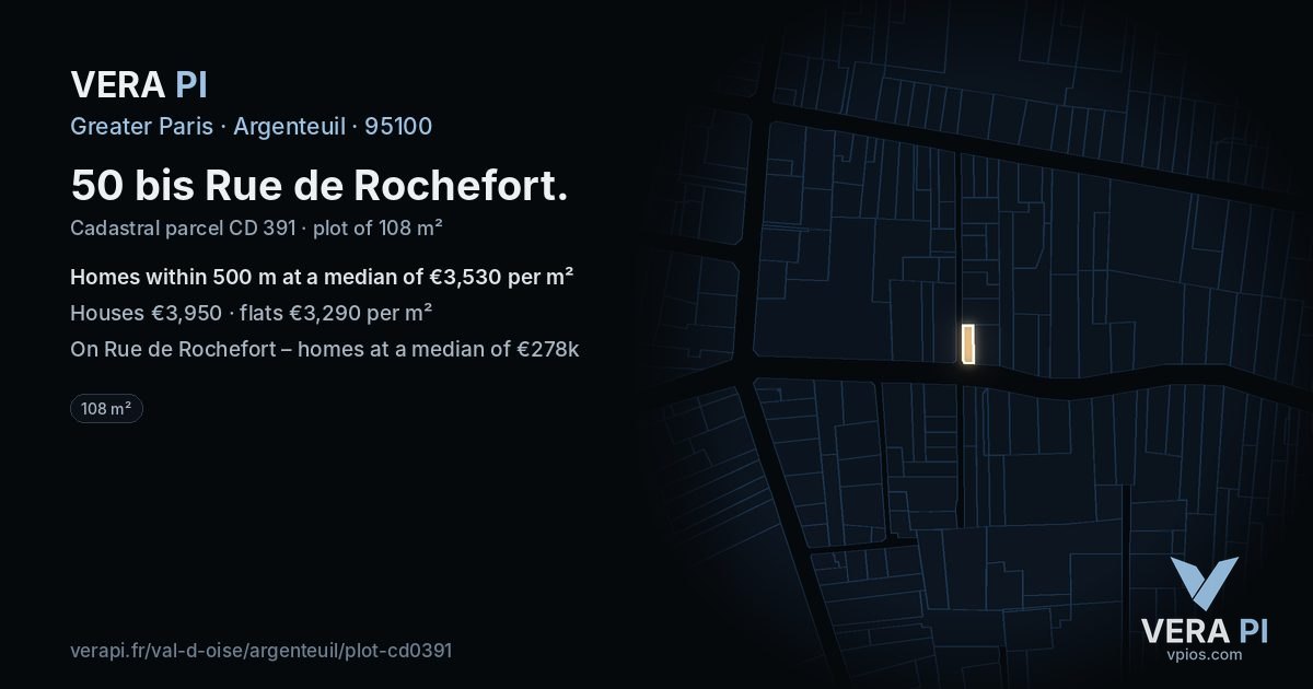 50 bis Rue de Rochefort, Argenteuil at night – the plot lit, the parcels around coloured by the prices near them