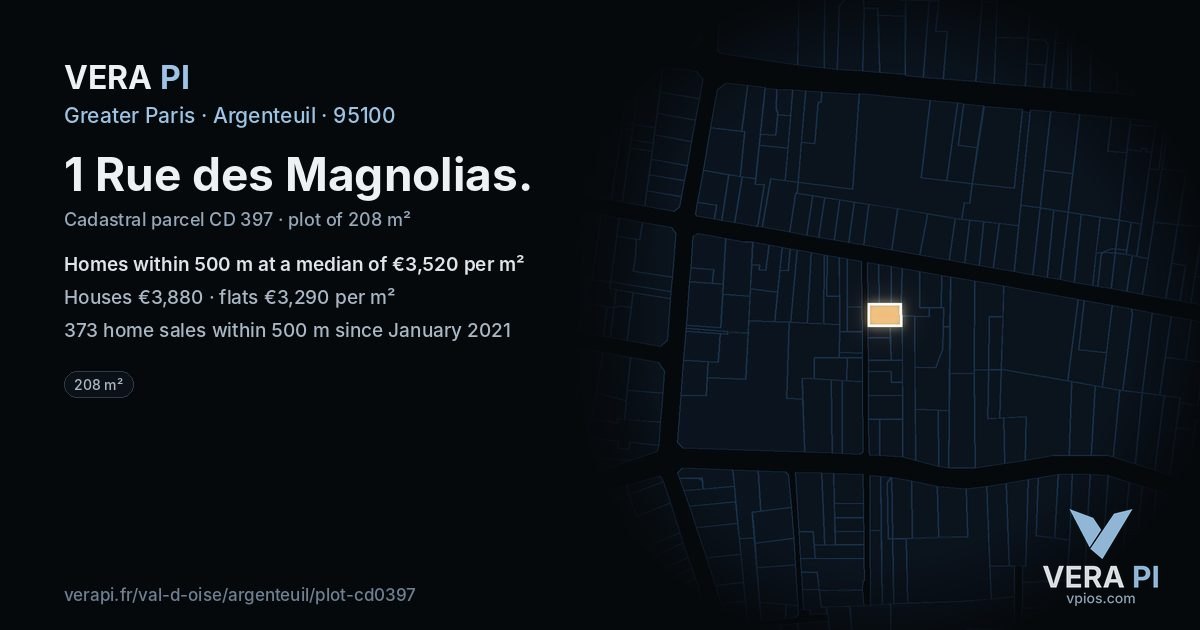 1 Rue des Magnolias, Argenteuil at night – the plot lit, the parcels around coloured by the prices near them