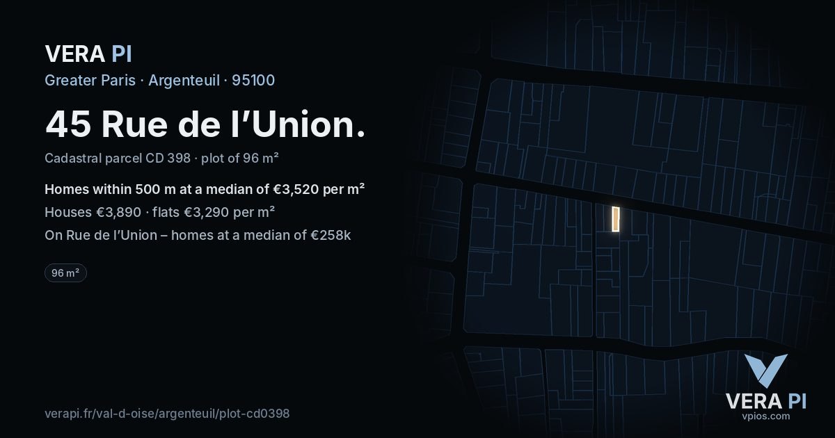 45 Rue de l’Union, Argenteuil at night – the plot lit, the parcels around coloured by the prices near them