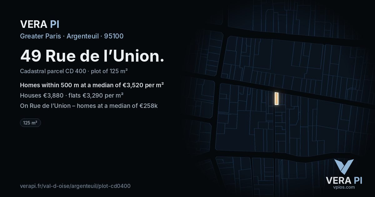 49 Rue de l’Union, Argenteuil at night – the plot lit, the parcels around coloured by the prices near them