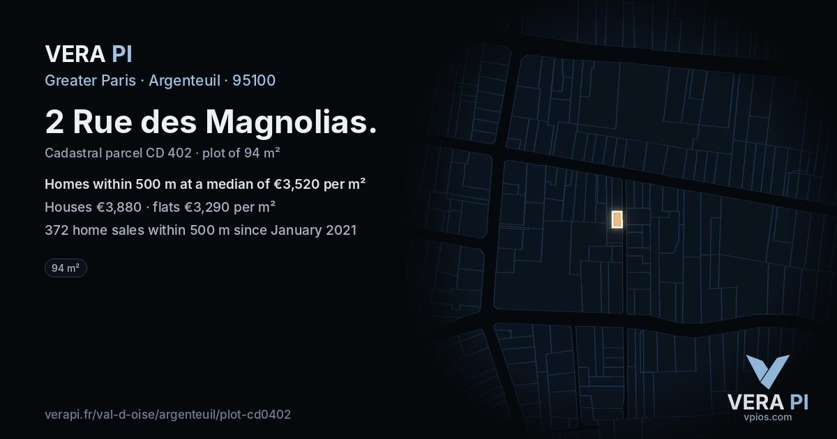 2 Rue des Magnolias, Argenteuil at night – the plot lit, the parcels around coloured by the prices near them