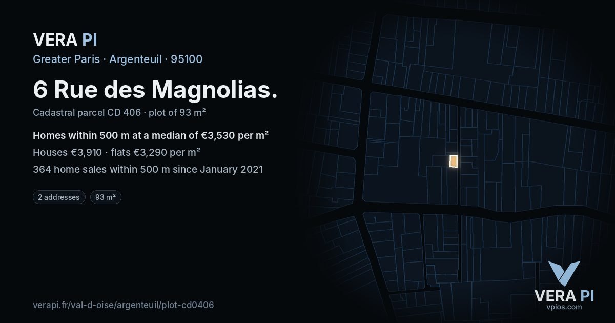 6 Rue des Magnolias, Argenteuil at night – the plot lit, the parcels around coloured by the prices near them
