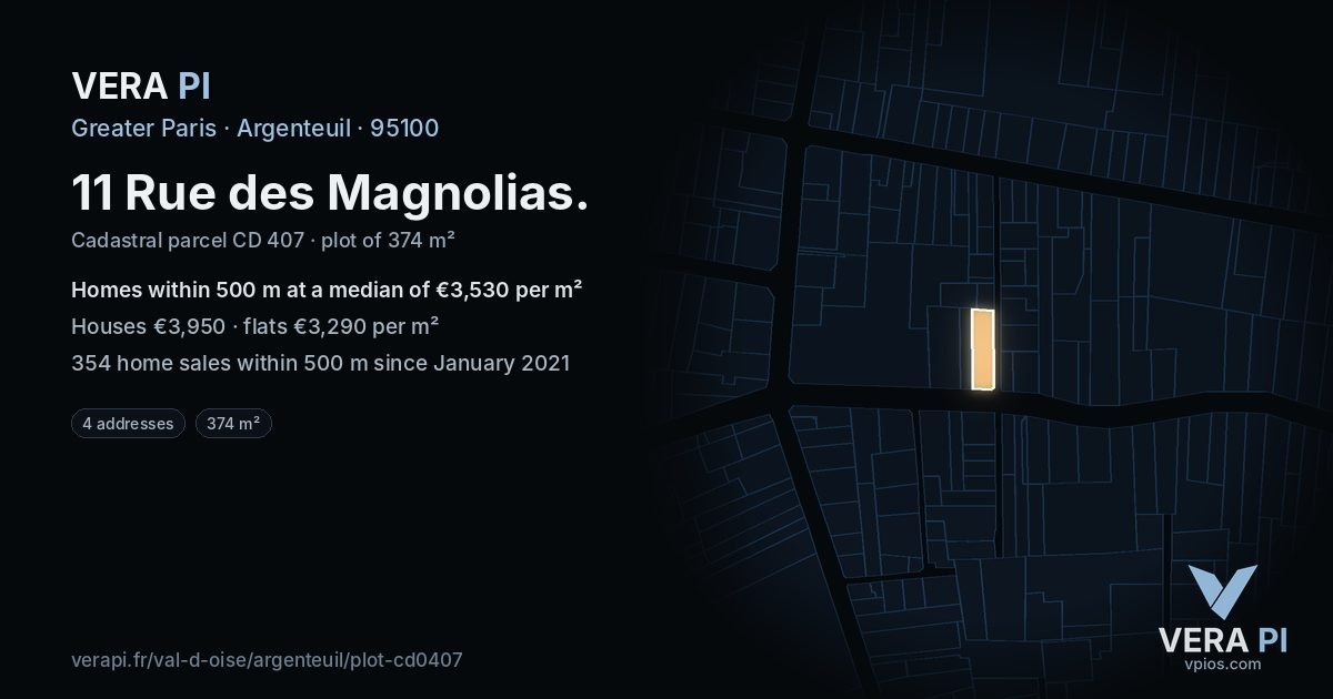 11 Rue des Magnolias, Argenteuil at night – the plot lit, the parcels around coloured by the prices near them