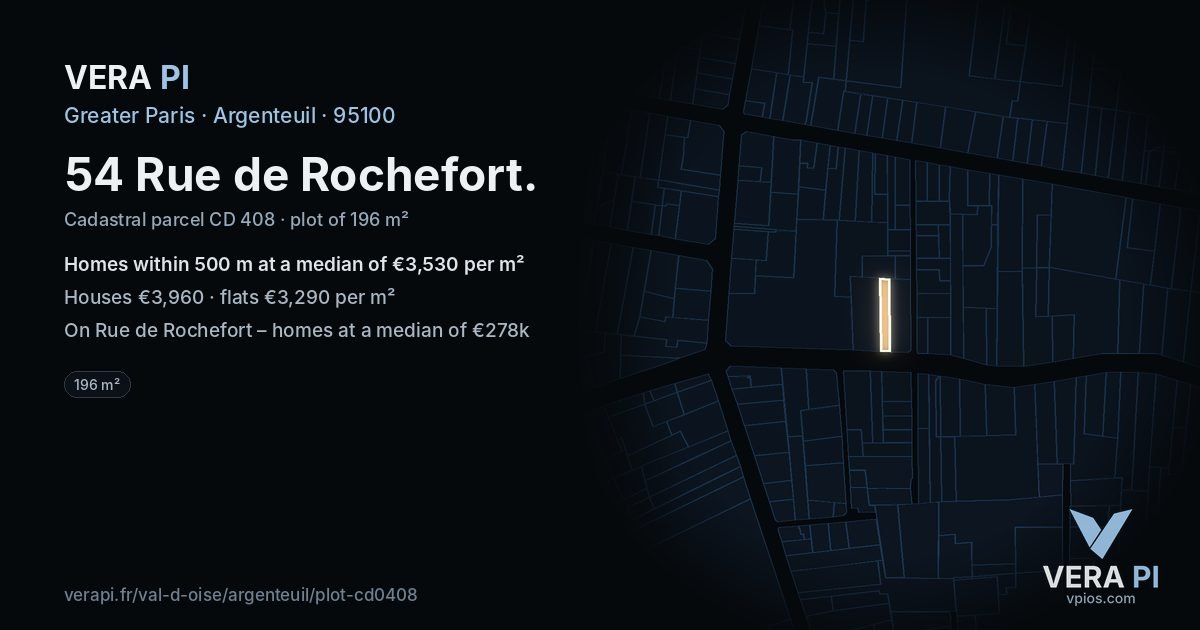 54 Rue de Rochefort, Argenteuil at night – the plot lit, the parcels around coloured by the prices near them
