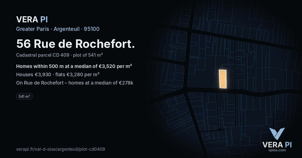 56 Rue de Rochefort, Argenteuil at night – the plot lit, the parcels around coloured by the prices near them