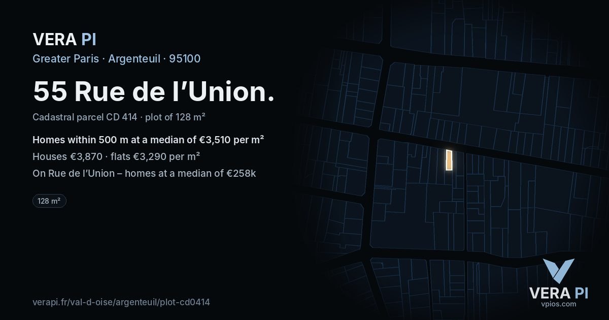 55 Rue de l’Union, Argenteuil at night – the plot lit, the parcels around coloured by the prices near them