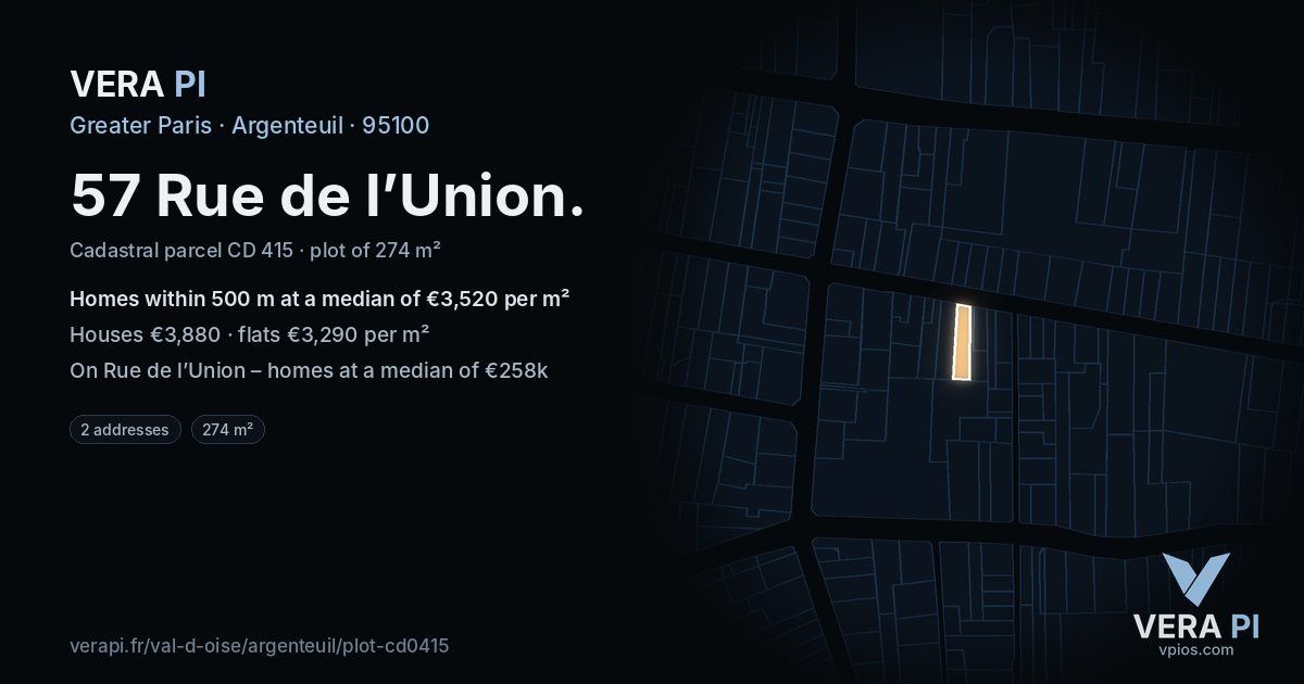 57 Rue de l’Union, Argenteuil at night – the plot lit, the parcels around coloured by the prices near them