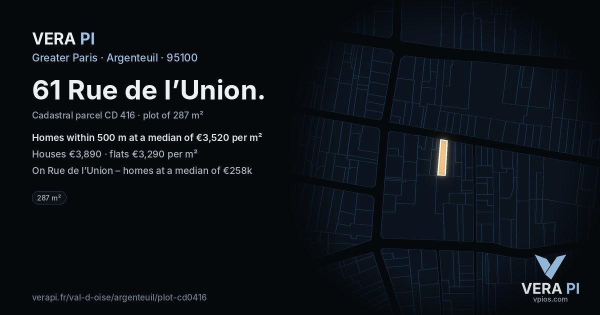 61 Rue de l’Union, Argenteuil at night – the plot lit, the parcels around coloured by the prices near them
