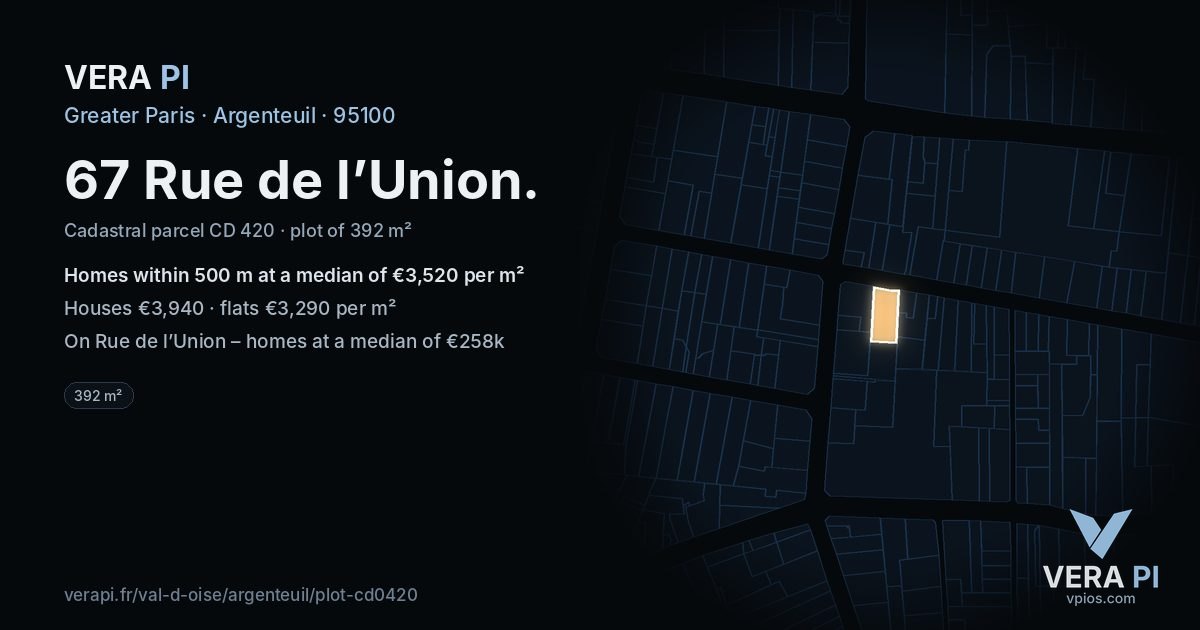 67 Rue de l’Union, Argenteuil at night – the plot lit, the parcels around coloured by the prices near them