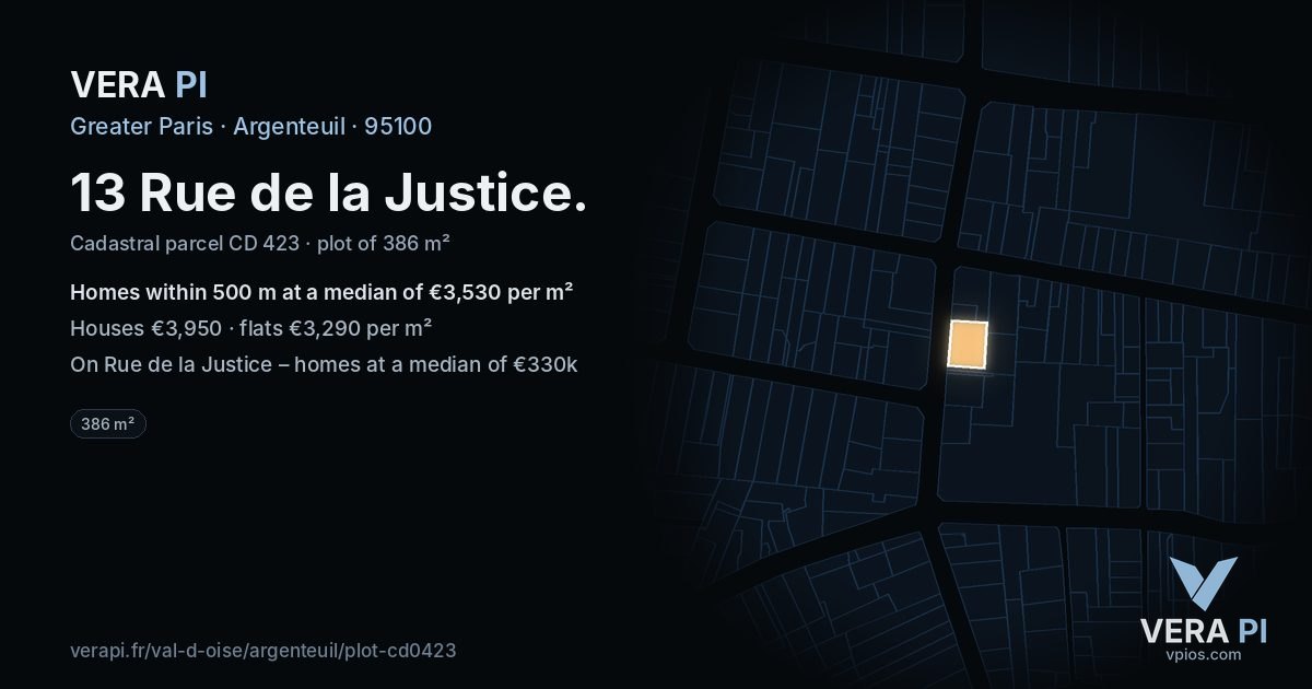 13 Rue de la Justice, Argenteuil at night – the plot lit, the parcels around coloured by the prices near them