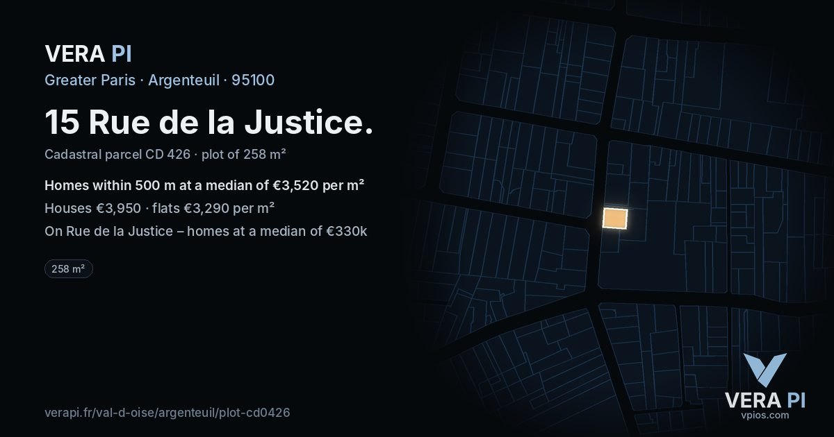 15 Rue de la Justice, Argenteuil at night – the plot lit, the parcels around coloured by the prices near them