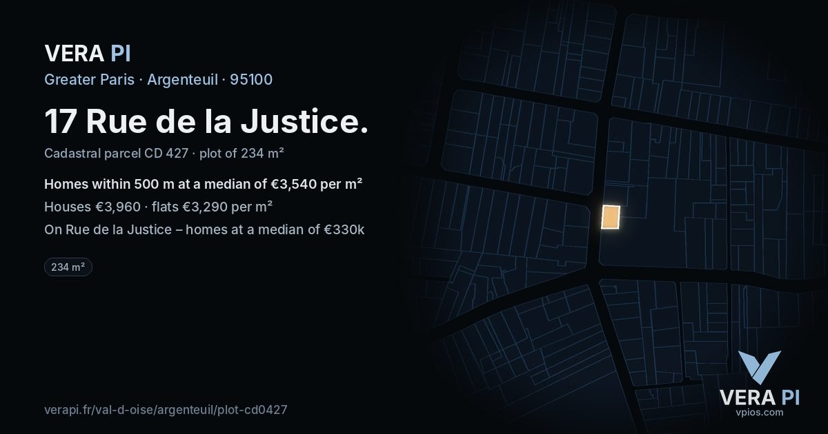 17 Rue de la Justice, Argenteuil at night – the plot lit, the parcels around coloured by the prices near them