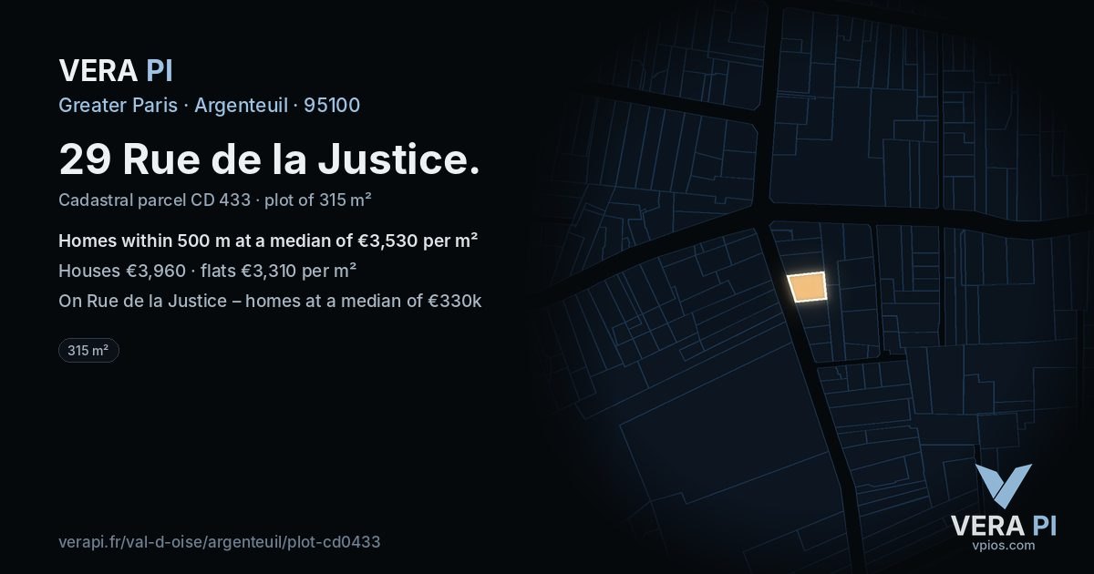 29 Rue de la Justice, Argenteuil at night – the plot lit, the parcels around coloured by the prices near them