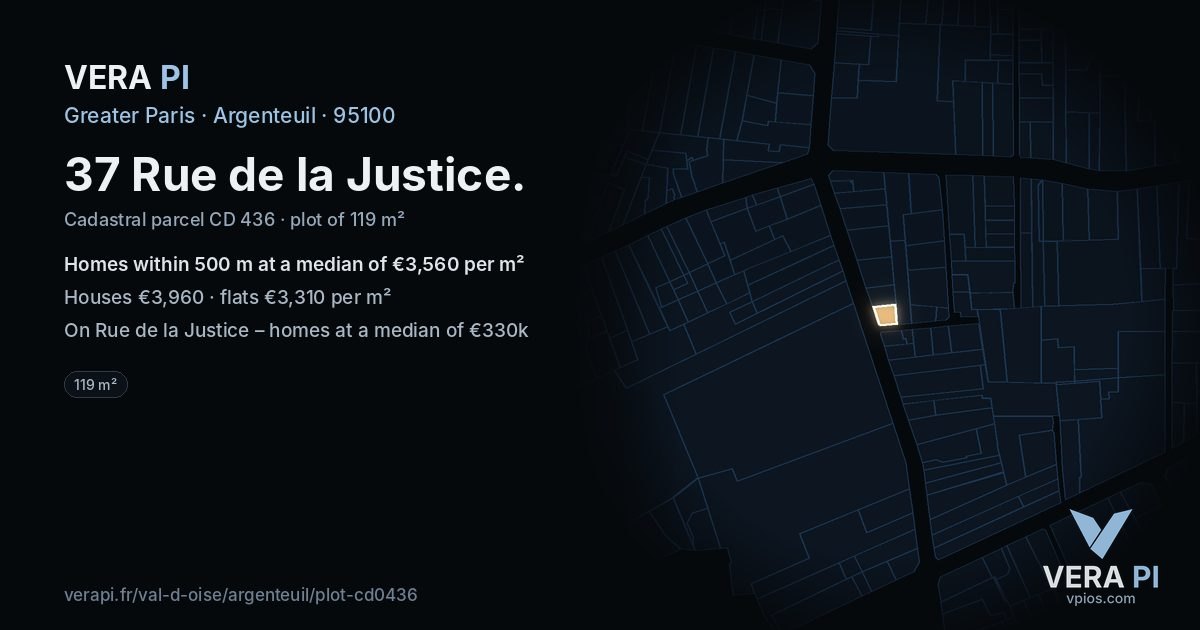37 Rue de la Justice, Argenteuil at night – the plot lit, the parcels around coloured by the prices near them
