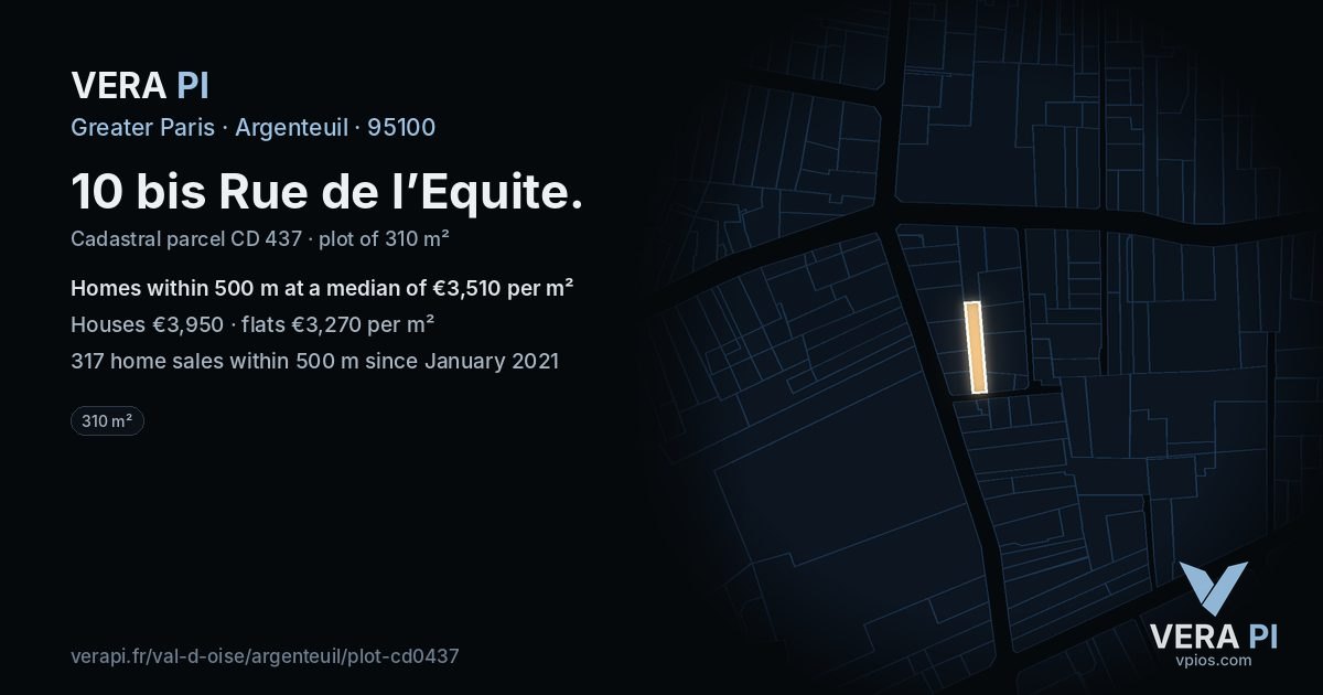 10 bis Rue de l’Equite, Argenteuil at night – the plot lit, the parcels around coloured by the prices near them