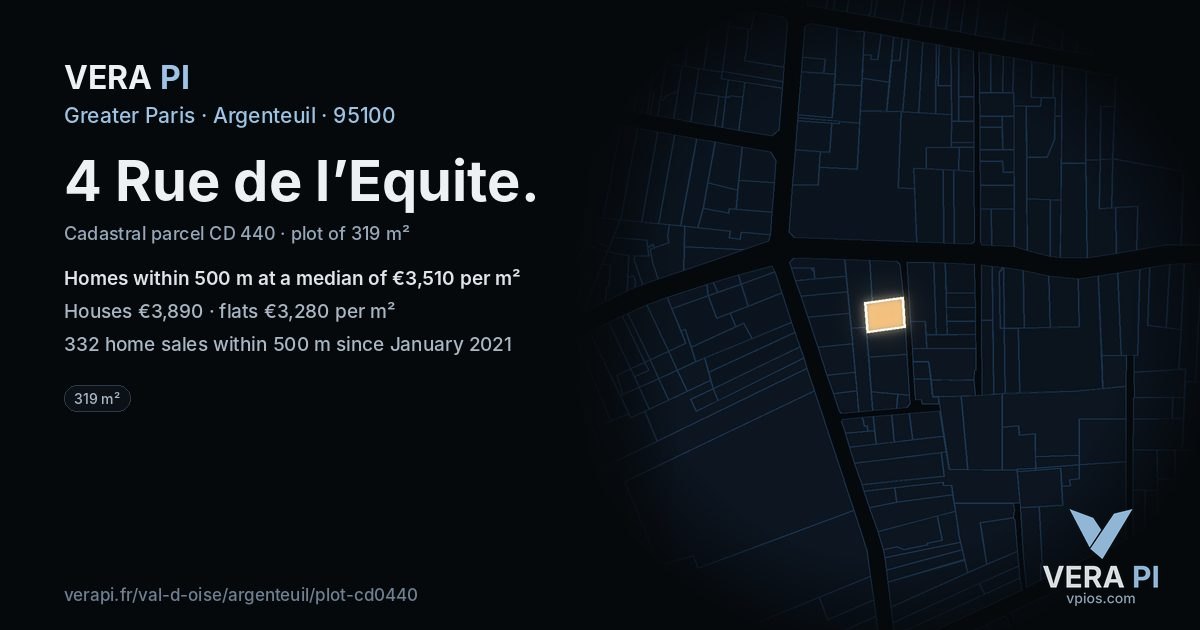 4 Rue de l’Equite, Argenteuil at night – the plot lit, the parcels around coloured by the prices near them