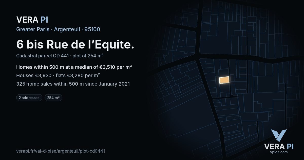6 bis Rue de l’Equite, Argenteuil at night – the plot lit, the parcels around coloured by the prices near them