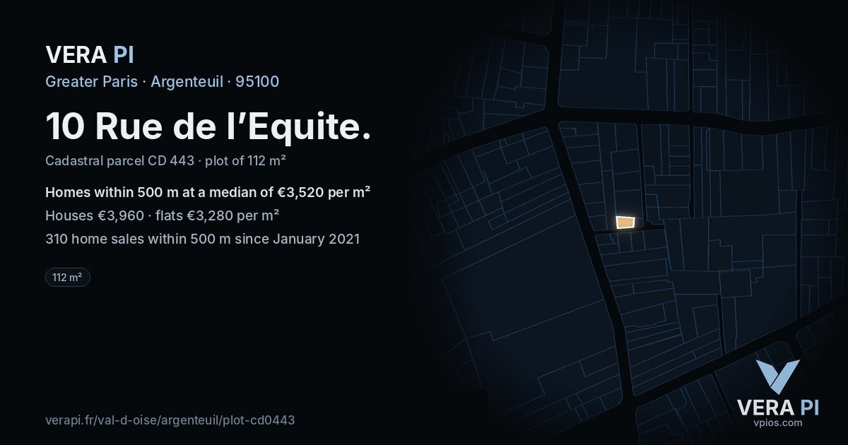 10 Rue de l’Equite, Argenteuil at night – the plot lit, the parcels around coloured by the prices near them