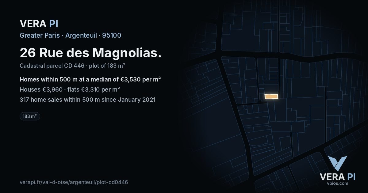 26 Rue des Magnolias, Argenteuil at night – the plot lit, the parcels around coloured by the prices near them