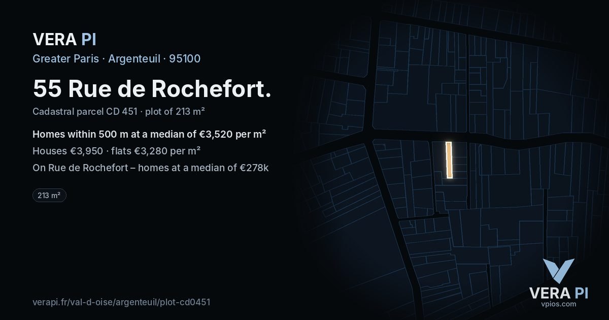 55 Rue de Rochefort, Argenteuil at night – the plot lit, the parcels around coloured by the prices near them