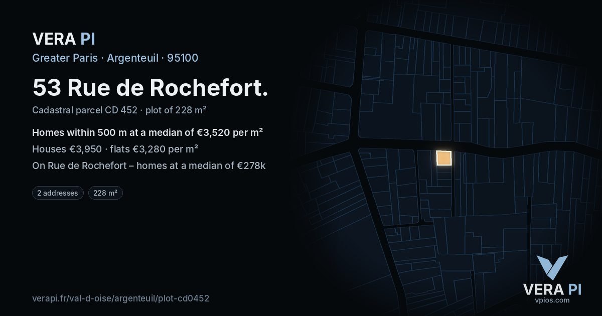 53 Rue de Rochefort, Argenteuil at night – the plot lit, the parcels around coloured by the prices near them