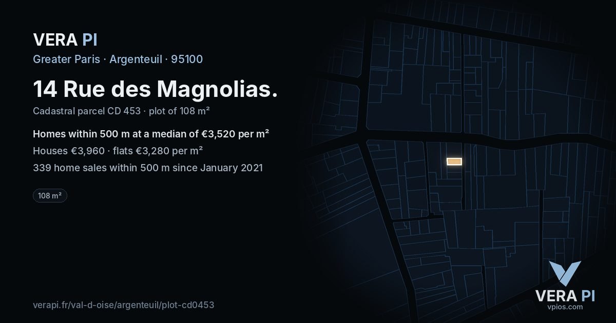 14 Rue des Magnolias, Argenteuil at night – the plot lit, the parcels around coloured by the prices near them