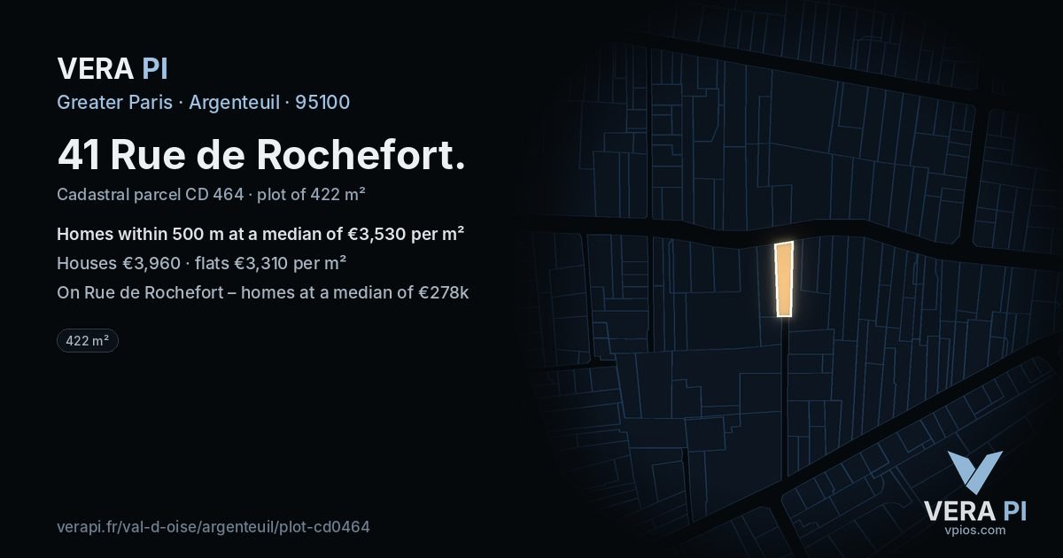 41 Rue de Rochefort, Argenteuil at night – the plot lit, the parcels around coloured by the prices near them