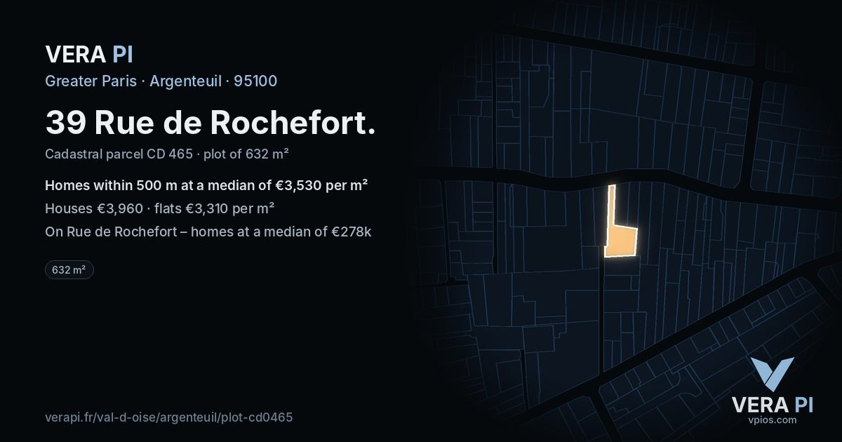 39 Rue de Rochefort, Argenteuil at night – the plot lit, the parcels around coloured by the prices near them