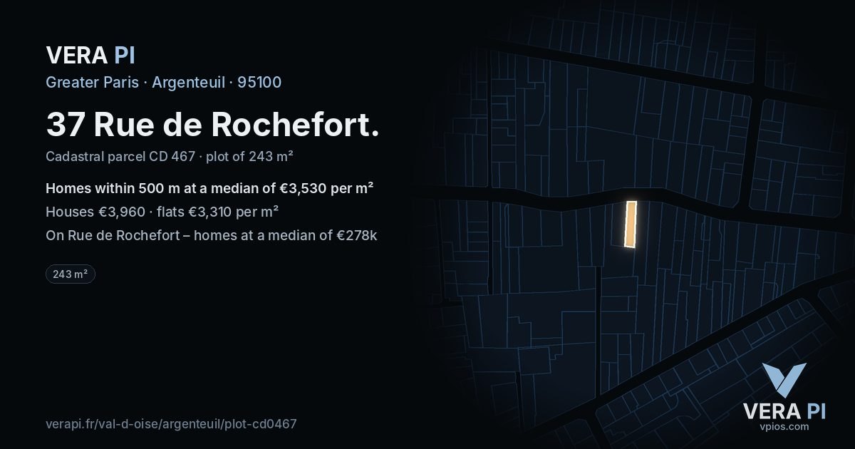 37 Rue de Rochefort, Argenteuil at night – the plot lit, the parcels around coloured by the prices near them