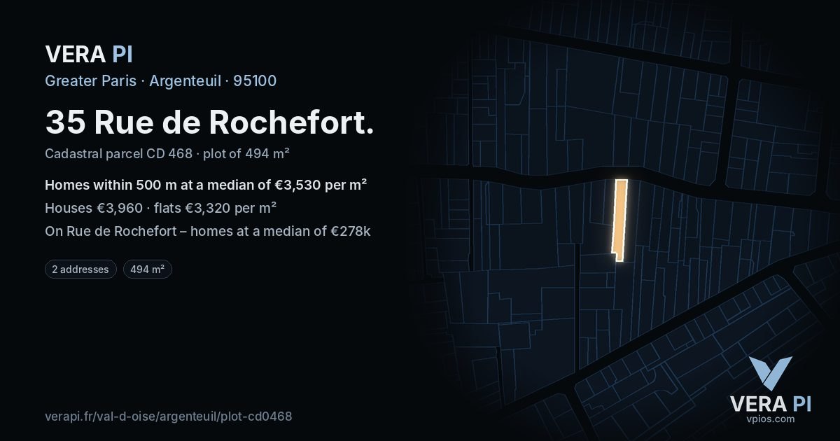 35 Rue de Rochefort, Argenteuil at night – the plot lit, the parcels around coloured by the prices near them