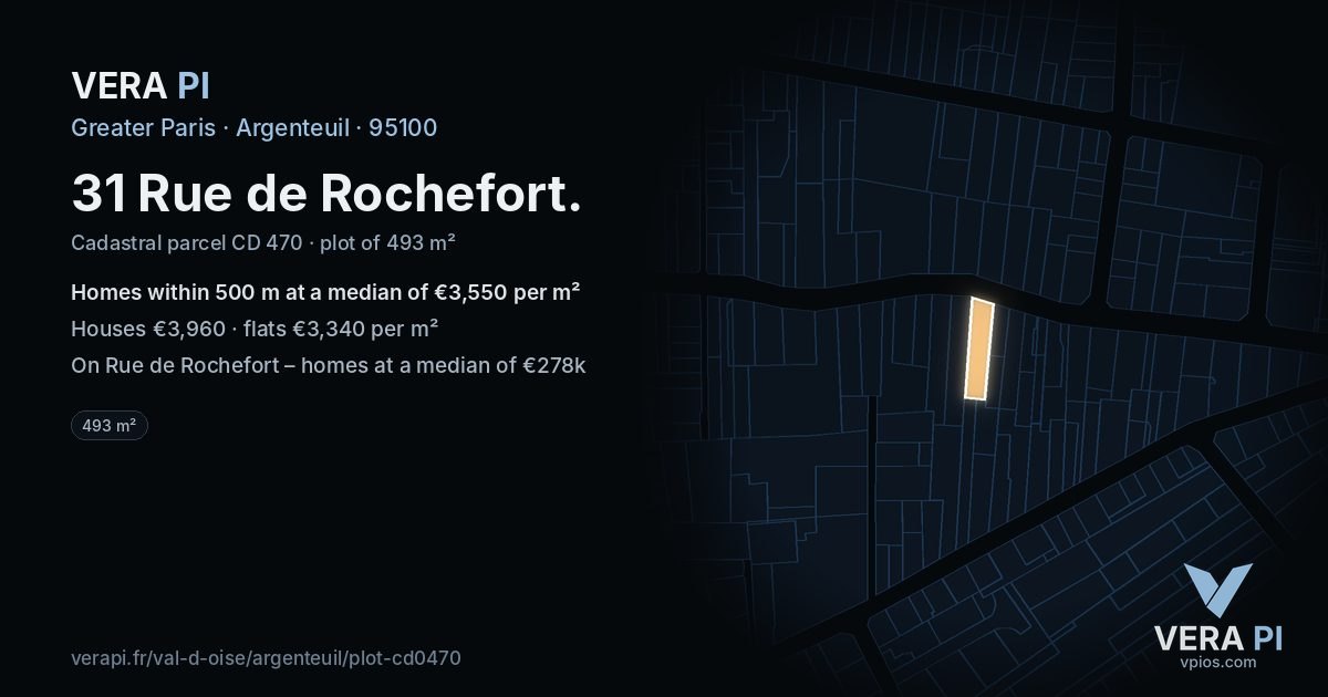 31 Rue de Rochefort, Argenteuil at night – the plot lit, the parcels around coloured by the prices near them