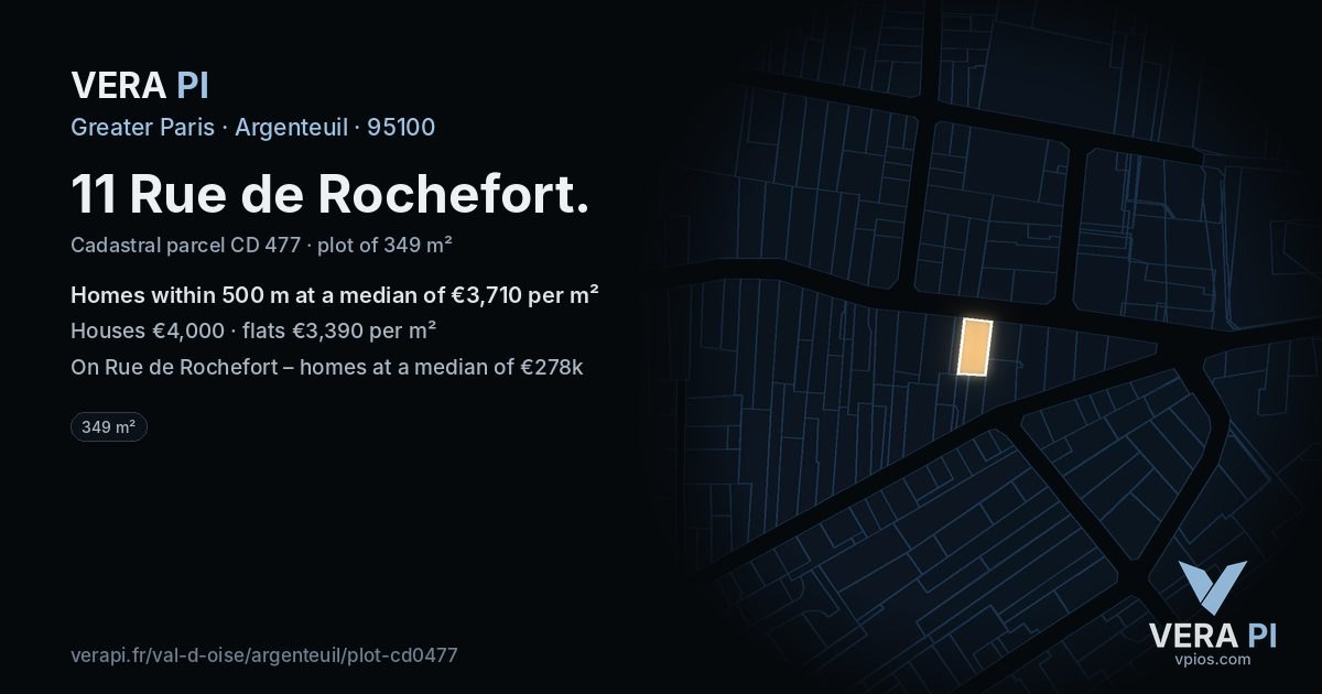 11 Rue de Rochefort, Argenteuil at night – the plot lit, the parcels around coloured by the prices near them