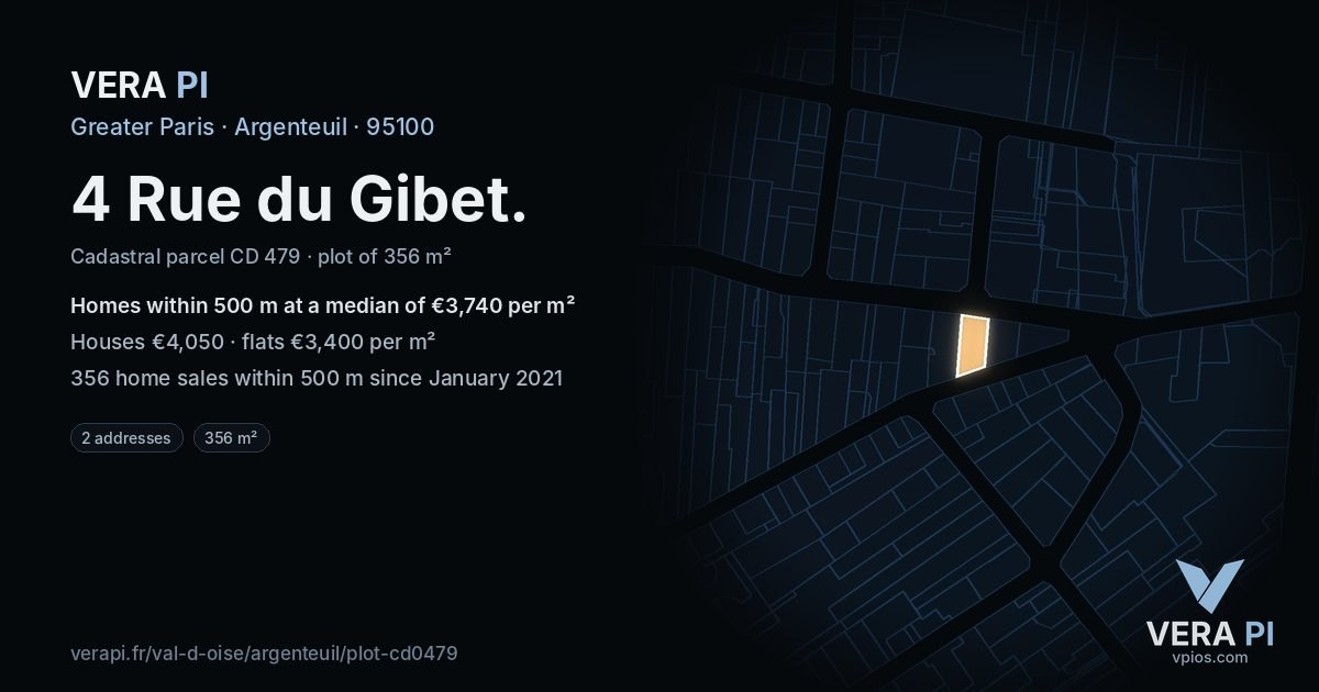 4 Rue du Gibet, Argenteuil at night – the plot lit, the parcels around coloured by the prices near them