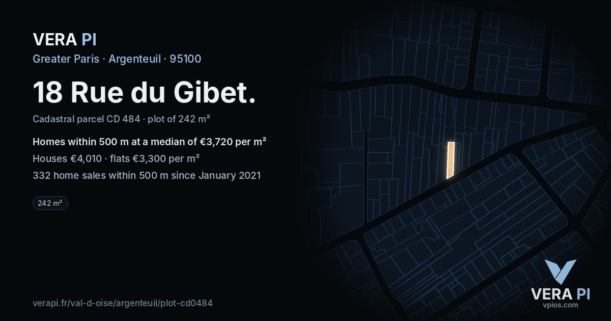 18 Rue du Gibet, Argenteuil at night – the plot lit, the parcels around coloured by the prices near them