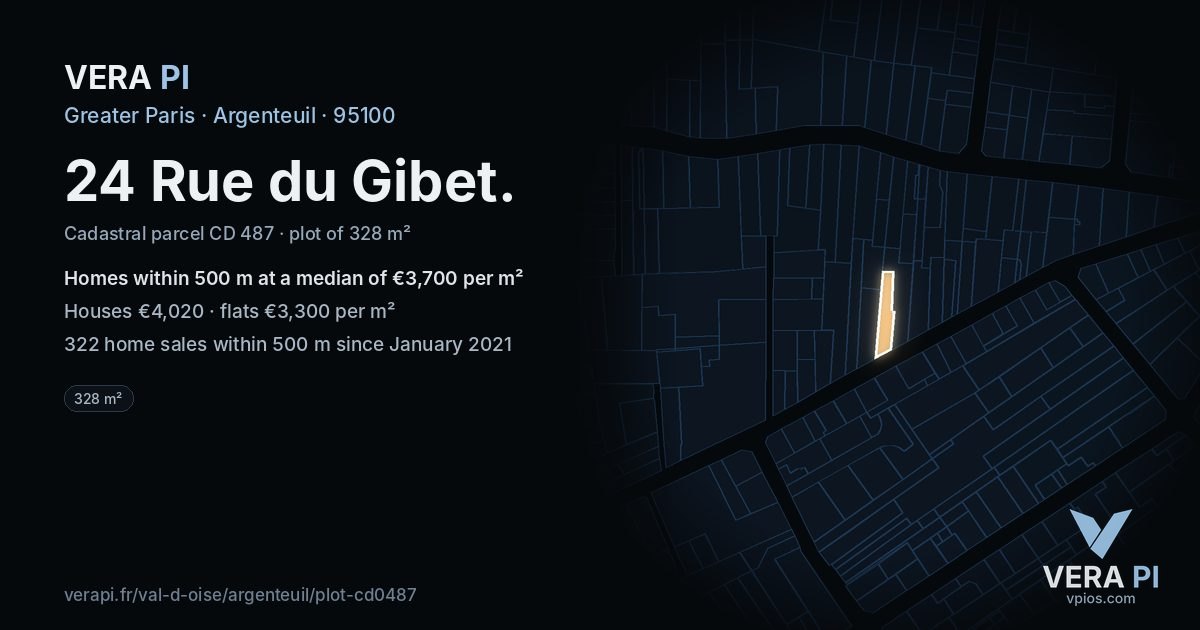 24 Rue du Gibet, Argenteuil at night – the plot lit, the parcels around coloured by the prices near them