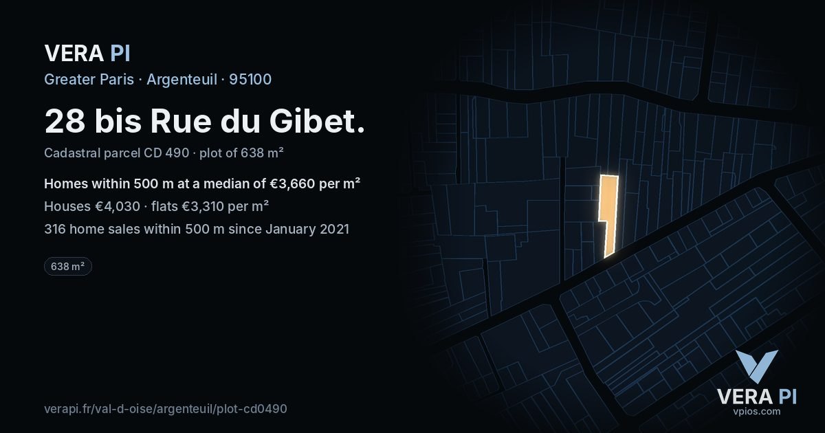 28 bis Rue du Gibet, Argenteuil at night – the plot lit, the parcels around coloured by the prices near them