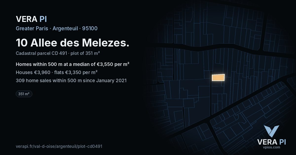 10 Allee des Melezes, Argenteuil at night – the plot lit, the parcels around coloured by the prices near them