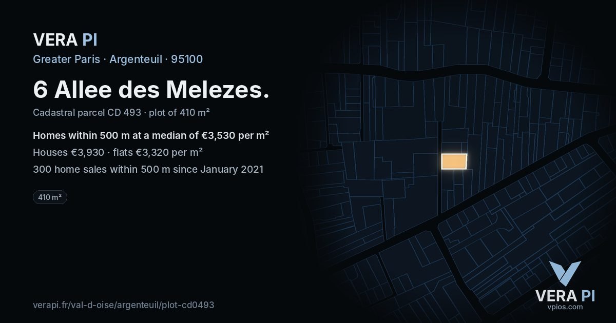 6 Allee des Melezes, Argenteuil at night – the plot lit, the parcels around coloured by the prices near them