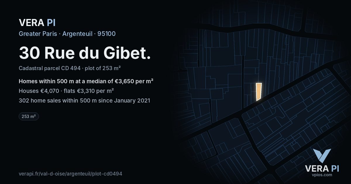 30 Rue du Gibet, Argenteuil at night – the plot lit, the parcels around coloured by the prices near them