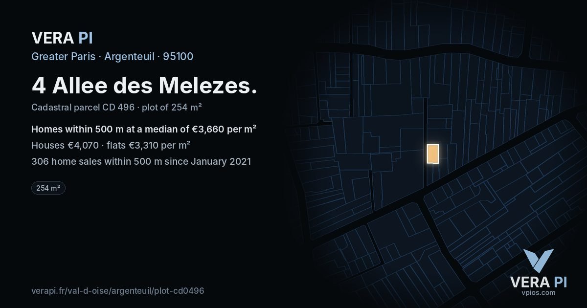 4 Allee des Melezes, Argenteuil at night – the plot lit, the parcels around coloured by the prices near them
