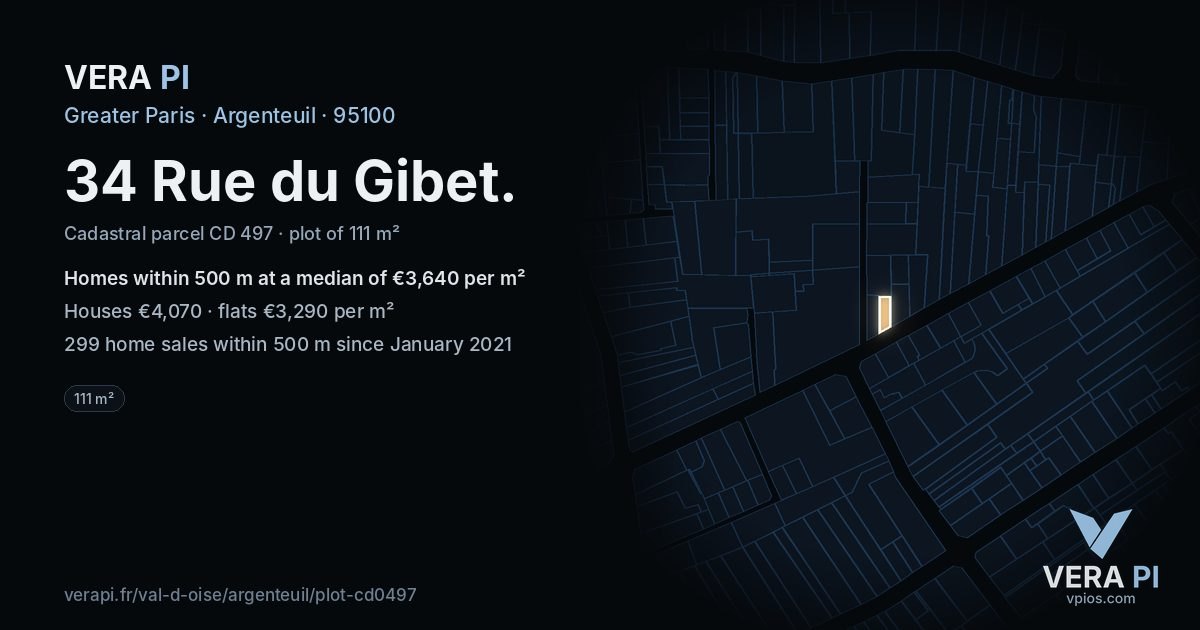 34 Rue du Gibet, Argenteuil at night – the plot lit, the parcels around coloured by the prices near them