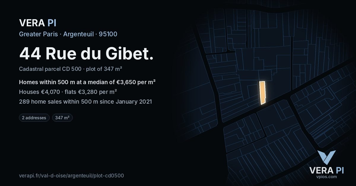 44 Rue du Gibet, Argenteuil at night – the plot lit, the parcels around coloured by the prices near them