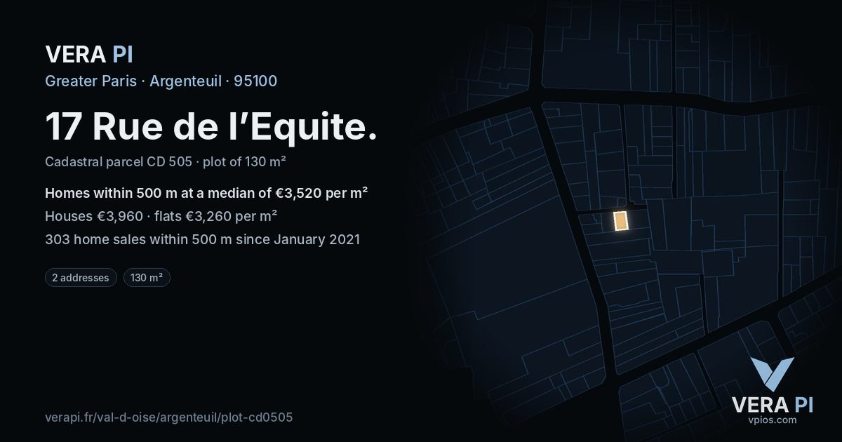 17 Rue de l’Equite, Argenteuil at night – the plot lit, the parcels around coloured by the prices near them