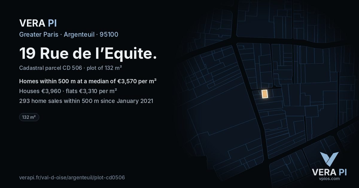 19 Rue de l’Equite, Argenteuil at night – the plot lit, the parcels around coloured by the prices near them