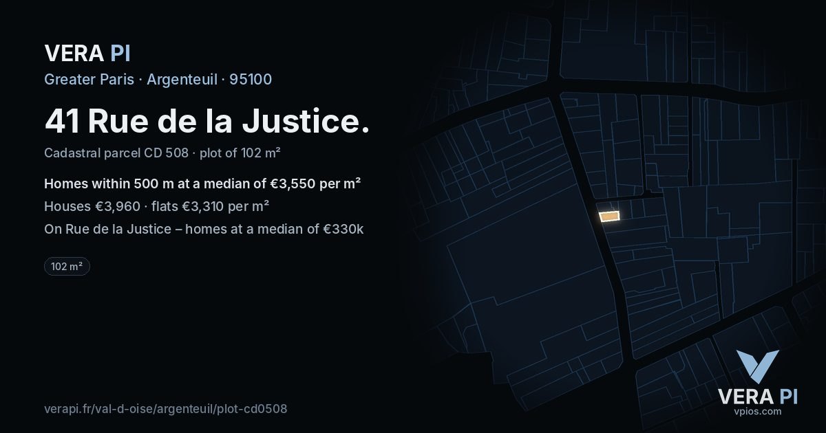 41 Rue de la Justice, Argenteuil at night – the plot lit, the parcels around coloured by the prices near them
