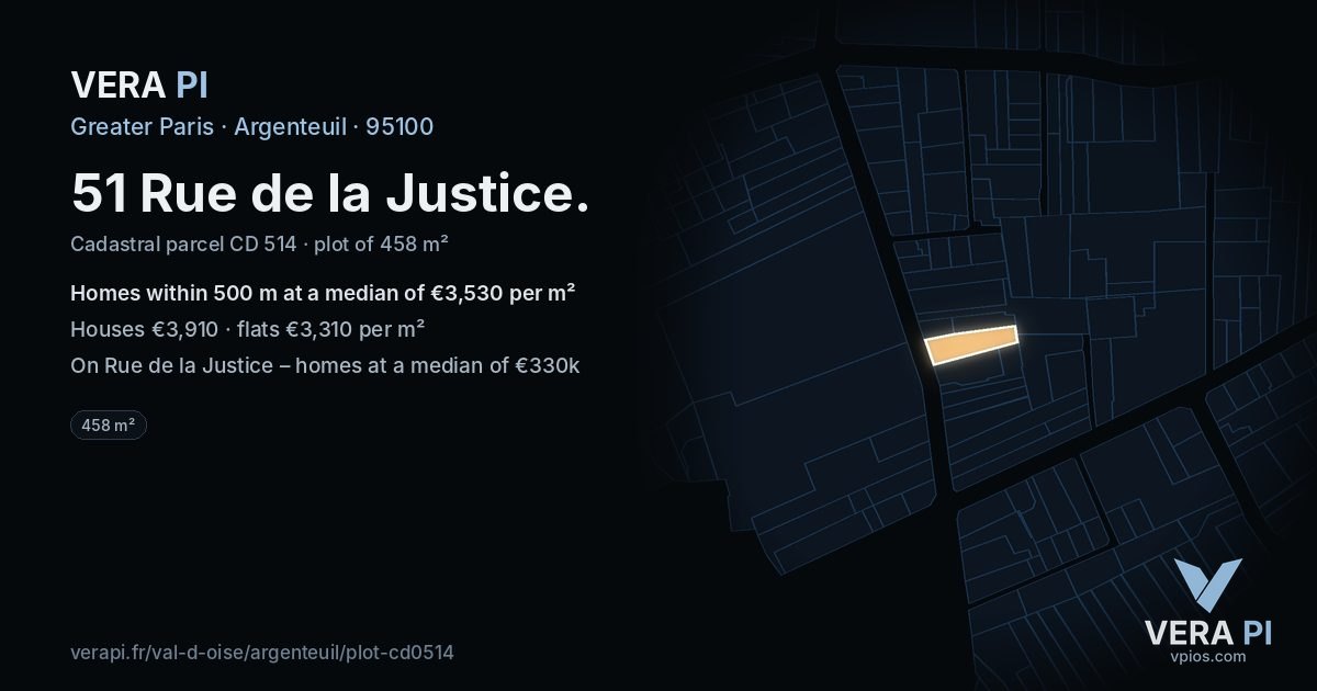 51 Rue de la Justice, Argenteuil at night – the plot lit, the parcels around coloured by the prices near them