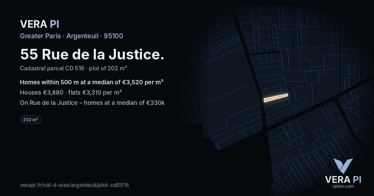 55 Rue de la Justice, Argenteuil at night – the plot lit, the parcels around coloured by the prices near them