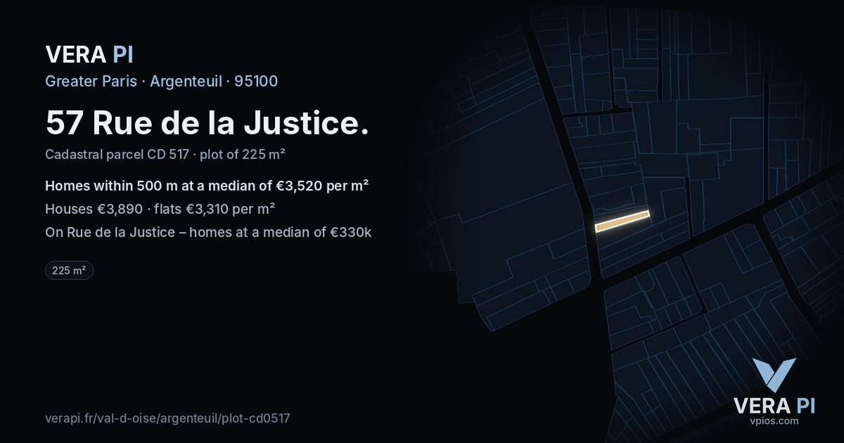 57 Rue de la Justice, Argenteuil at night – the plot lit, the parcels around coloured by the prices near them